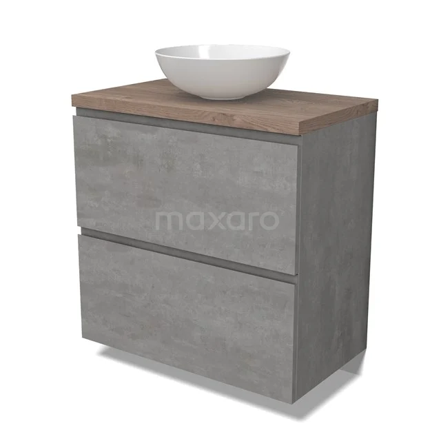 Modulo Plato Vanity units for countertop basin | 80 cm Light grey concrete Handle-less front Mid brown oak worktop 2 stacked drawers under each other BMK13-01027