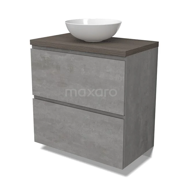 Modulo Plato Vanity units for countertop basin | 80 cm Light grey concrete Handle-less front Dark brown oak worktop 2 stacked drawers under each other BMK13-01028