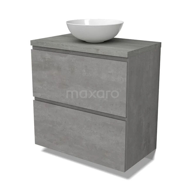 Modulo Plato Badmöbel mit Aufsatzwaschbecken | 80 cm Hellgrauer Beton Grifflos front Graue Eiche blatt 2 hohe Schubladen übereinanderliegend BMK13-01029