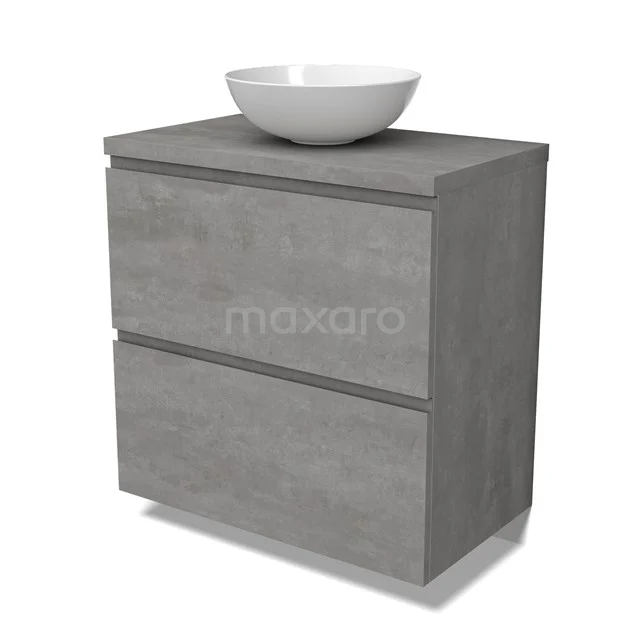 Modulo Plato Badmöbel mit Aufsatzwaschbecken | 80 cm Hellgrauer Beton Grifflos front Hellgrauer Beton blatt 2 hohe Schubladen übereinanderliegend BMK13-01030