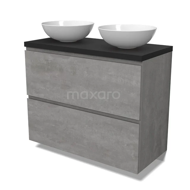 Modulo Plato Vanity units for countertop basin | 100 cm Light grey concrete Handle-less front Matte black worktop 2 stacked drawers under each other BMK13-01032