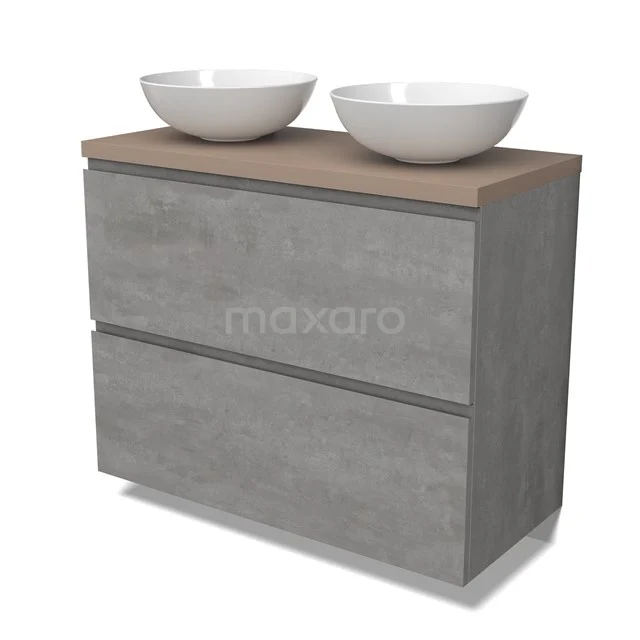 Modulo Plato Vanity units for countertop basin | 100 cm Light grey concrete Handle-less front Taupe worktop 2 stacked drawers under each other BMK13-01033