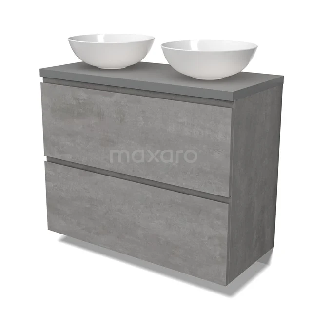 Modulo Plato Badmöbel mit Aufsatzwaschbecken | 100 cm Hellgrauer Beton Grifflos front Mittelgrau blatt 2 hohe Schubladen übereinanderliegend BMK13-01034