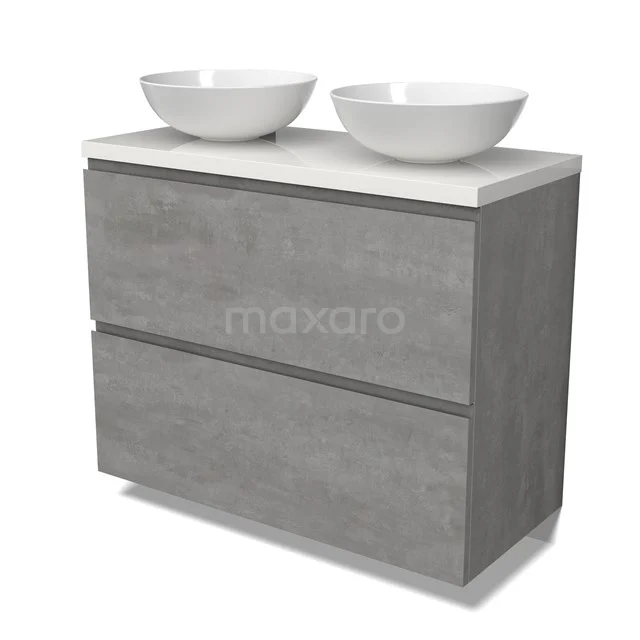 Modulo Plato Vanity units for countertop basin | 100 cm Light grey concrete Handle-less front High-gloss white worktop 2 stacked drawers under each other BMK13-01035