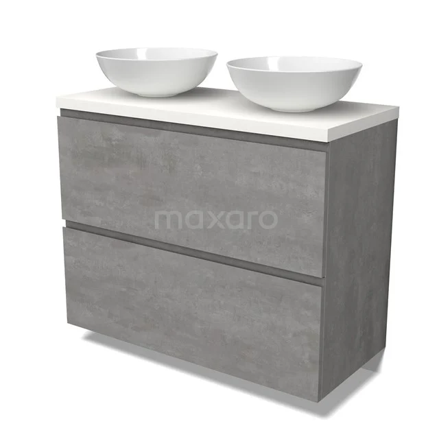 Modulo Plato Vanity units for countertop basin | 100 cm Light grey concrete Handle-less front Matte white worktop 2 stacked drawers under each other BMK13-01036