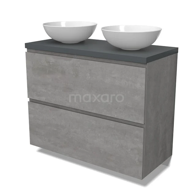 Modulo Plato Vanity units for countertop basin | 100 cm Light grey concrete Handle-less front Dark grey worktop 2 stacked drawers under each other BMK13-01037
