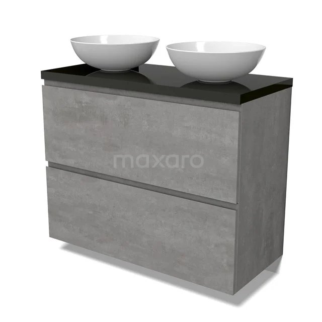 Modulo Plato Vanity units for countertop basin | 100 cm Light grey concrete Handle-less front High-gloss black worktop 2 stacked drawers under each other BMK13-01038