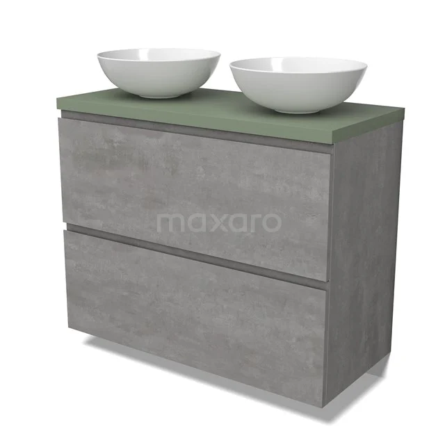 Modulo Plato Vanity units for countertop basin | 100 cm Light grey concrete Handle-less front Sage green worktop 2 stacked drawers under each other BMK13-01039