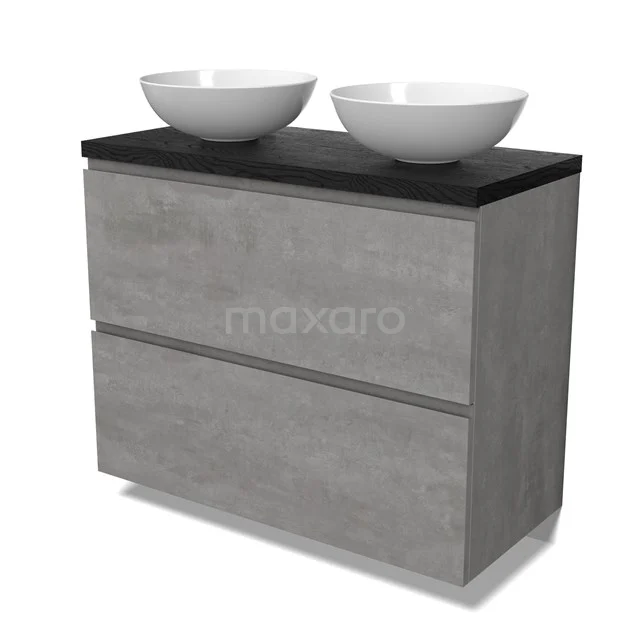 Modulo Plato Badmöbel mit Aufsatzwaschbecken | 100 cm Hellgrauer Beton Grifflos front Schwarze Eiche blatt 2 hohe Schubladen übereinanderliegend BMK13-01040