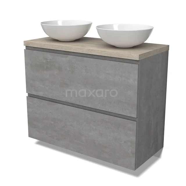 Modulo Plato Badmöbel mit Aufsatzwaschbecken | 100 cm Hellgrauer Beton Grifflos front Hellgraue Eiche blatt 2 hohe Schubladen übereinanderliegend BMK13-01042 Modulo Plato Badmöbel mit Aufsatzwaschbecken | 100 cm Hellgrauer Beton Grifflos front Hellgraue Eiche blatt 2 hohe Schubladen übereinanderliegend BMK13-01042