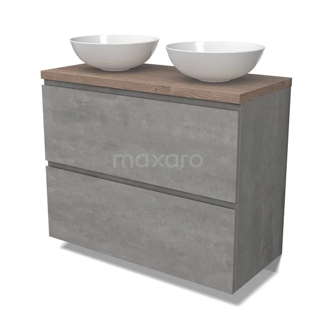 Modulo Plato Badmöbel mit Aufsatzwaschbecken | 100 cm Hellgrauer Beton Grifflos front Mittelbraune Eiche blatt 2 hohe Schubladen übereinanderliegend BMK13-01044