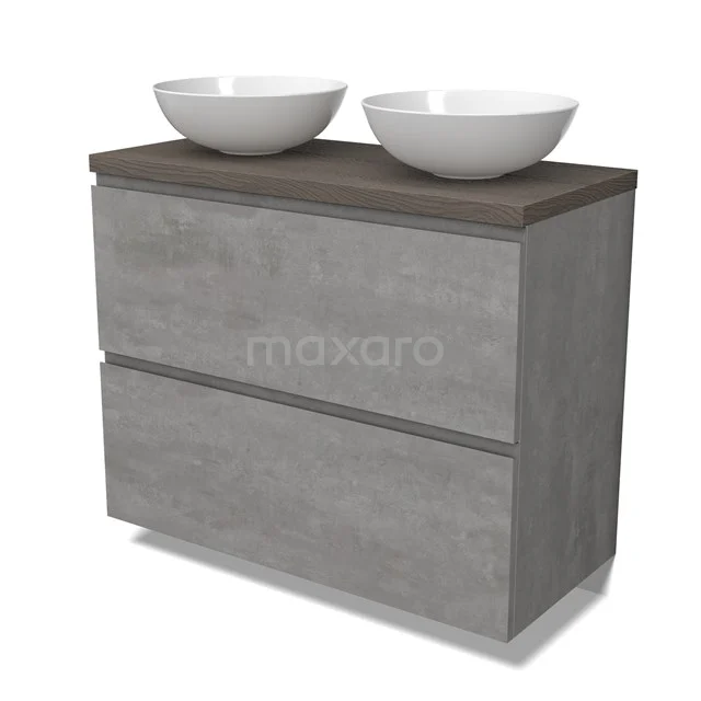 Modulo Plato Vanity units for countertop basin | 100 cm Light grey concrete Handle-less front Dark brown oak worktop 2 stacked drawers under each other BMK13-01045