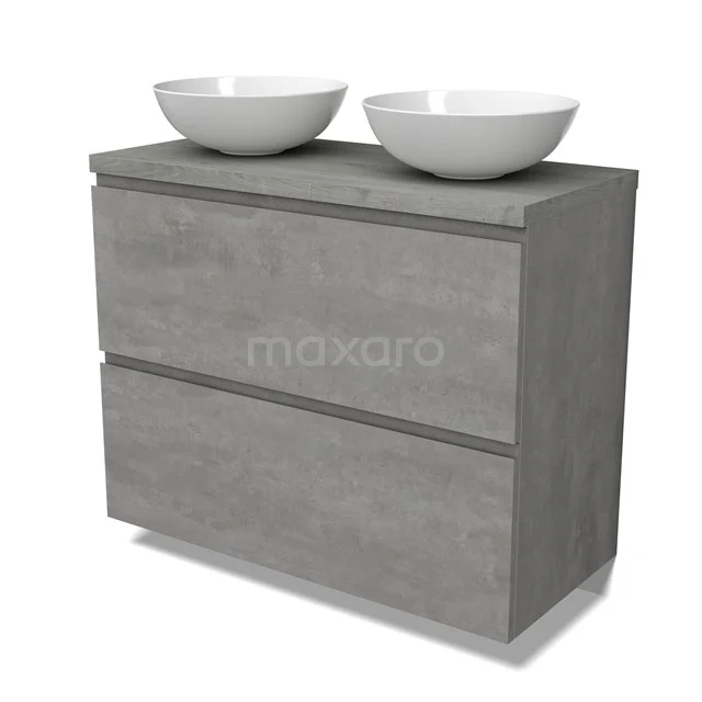 Modulo Plato Badmöbel mit Aufsatzwaschbecken | 100 cm Hellgrauer Beton Grifflos front Graue Eiche blatt 2 hohe Schubladen übereinanderliegend BMK13-01046