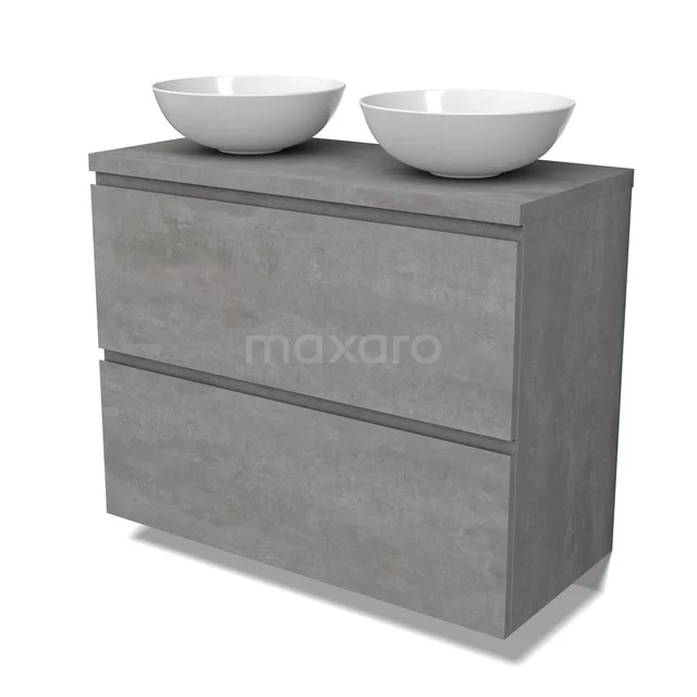 Modulo Plato Badmöbel mit Aufsatzwaschbecken | 100 cm Hellgrauer Beton Grifflos front Hellgrauer Beton blatt 2 hohe Schubladen übereinanderliegend BMK13-01047