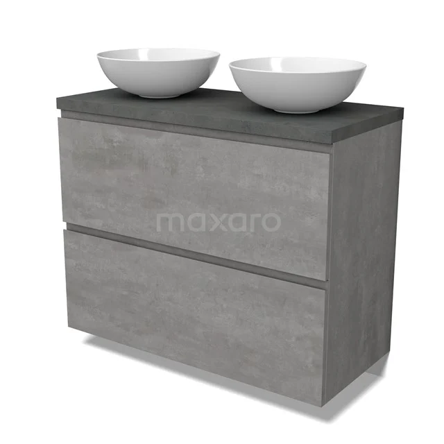 Modulo Plato Vanity units for countertop basin | 100 cm Light grey concrete Handle-less front Dark grey concrete worktop 2 stacked drawers under each other BMK13-01048