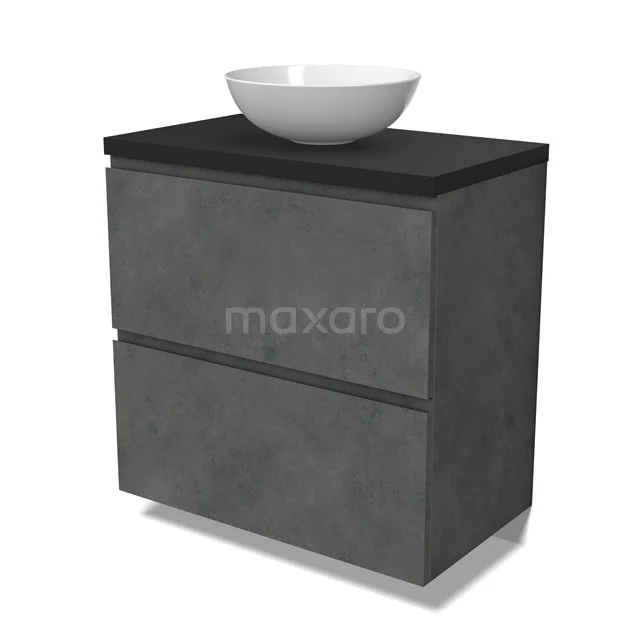 Modulo Plato Badmöbel mit Aufsatzwaschbecken | 80 cm Dunkelgrauer Beton Grifflos front Matt Schwarz blatt 2 hohe Schubladen übereinanderliegend BMK13-01049