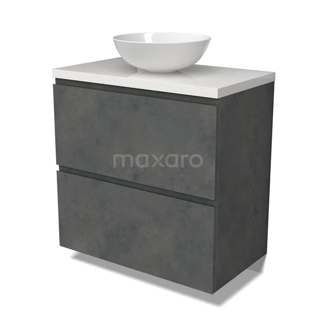 Modulo Plato Vanity units for countertop basin | 80 cm Dark grey concrete Handle-less front High-gloss white worktop 2 stacked drawers under each other BMK13-01052