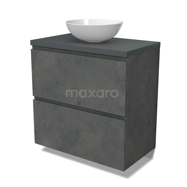 Modulo Plato Badmöbel mit Aufsatzwaschbecken | 80 cm Dunkelgrauer Beton Grifflos front Dunkelgrau blatt 2 hohe Schubladen übereinanderliegend BMK13-01054