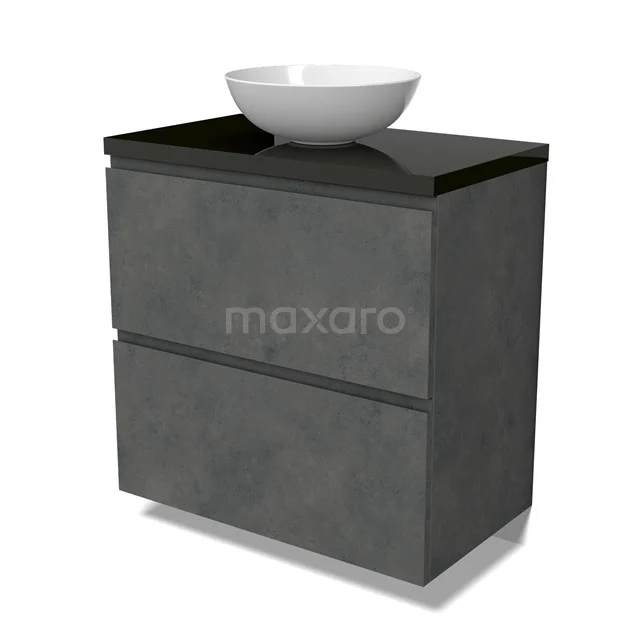 Modulo Plato Badmöbel mit Aufsatzwaschbecken | 80 cm Dunkelgrauer Beton Grifflos front Hochglanz Schwarz blatt 2 hohe Schubladen übereinanderliegend BMK13-01055