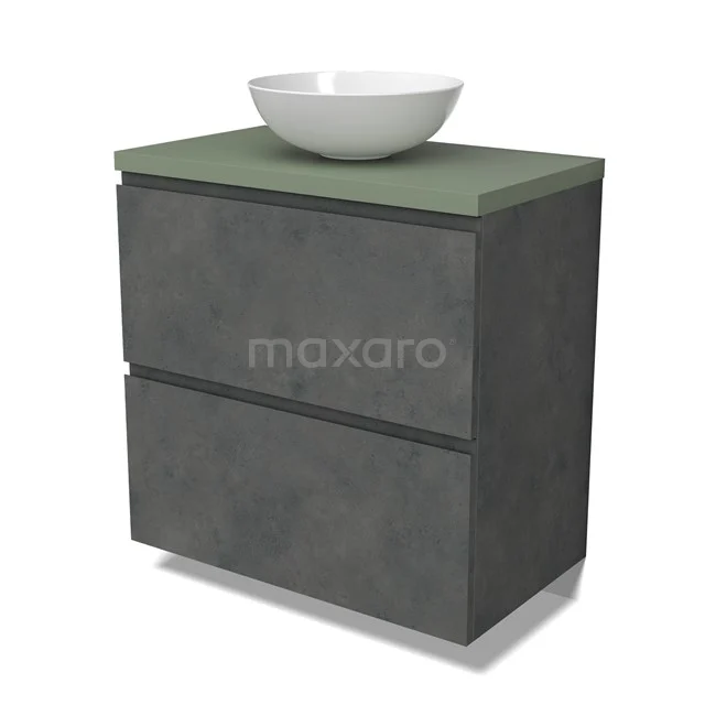 Modulo Plato Badmöbel mit Aufsatzwaschbecken | 80 cm Dunkelgrauer Beton Grifflos front Salbeigrün blatt 2 hohe Schubladen übereinanderliegend BMK13-01056