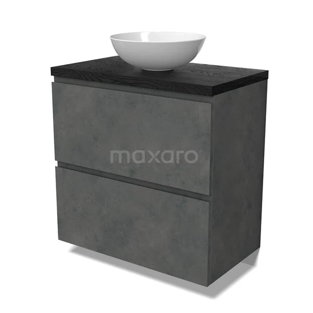 Modulo Plato Badmöbel mit Aufsatzwaschbecken | 80 cm Dunkelgrauer Beton Grifflos front Schwarze Eiche blatt 2 hohe Schubladen übereinanderliegend BMK13-01057