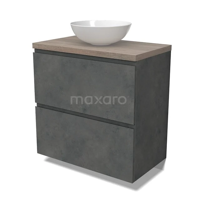 Modulo Plato Badmöbel mit Aufsatzwaschbecken | 80 cm Dunkelgrauer Beton Grifflos front Eiche blatt 2 hohe Schubladen übereinanderliegend BMK13-01058