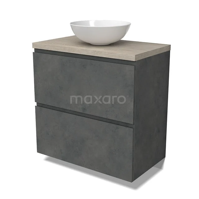 Modulo Plato Vanity units for countertop basin | 80 cm Dark grey concrete Handle-less front Light grey oak worktop 2 stacked drawers under each other BMK13-01059