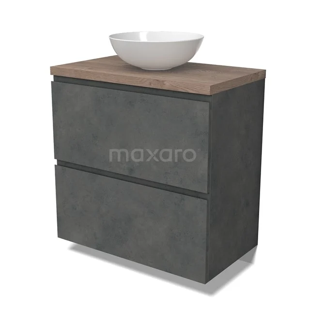Modulo Plato Vanity units for countertop basin | 80 cm Dark grey concrete Handle-less front Mid brown oak worktop 2 stacked drawers under each other BMK13-01061