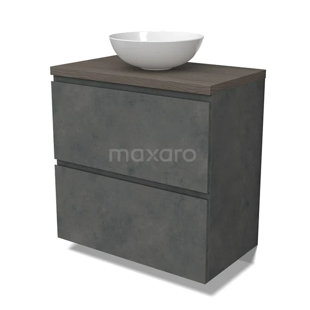 Modulo Plato Vanity units for countertop basin | 80 cm Dark grey concrete Handle-less front Dark brown oak worktop 2 stacked drawers under each other BMK13-01062