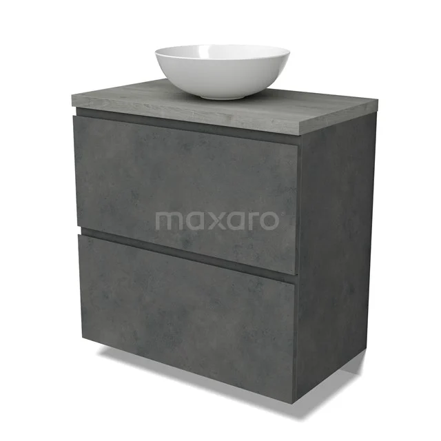 Modulo Plato Badmöbel mit Aufsatzwaschbecken | 80 cm Dunkelgrauer Beton Grifflos front Graue Eiche blatt 2 hohe Schubladen übereinanderliegend BMK13-01063