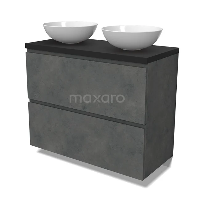 Modulo Plato Vanity units for countertop basin | 100 cm Dark grey concrete Handle-less front Matte black worktop 2 stacked drawers under each other BMK13-01066