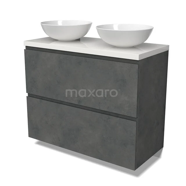 Modulo Plato Badmöbel mit Aufsatzwaschbecken | 100 cm Dunkelgrauer Beton Grifflos front Hochglanz Weiß blatt 2 hohe Schubladen übereinanderliegend BMK13-01069