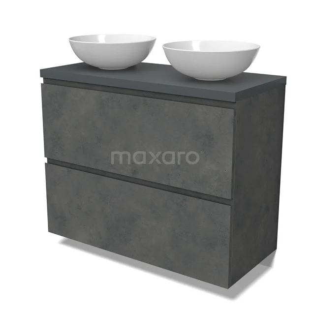 Modulo Plato Vanity units for countertop basin | 100 cm Dark grey concrete Handle-less front Dark grey worktop 2 stacked drawers under each other BMK13-01071