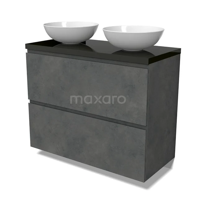 Modulo Plato Vanity units for countertop basin | 100 cm Dark grey concrete Handle-less front High-gloss black worktop 2 stacked drawers under each other BMK13-01072