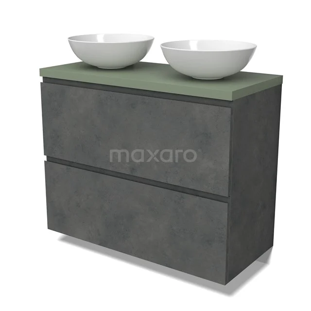 Modulo Plato Vanity units for countertop basin | 100 cm Dark grey concrete Handle-less front Sage green worktop 2 stacked drawers under each other BMK13-01073