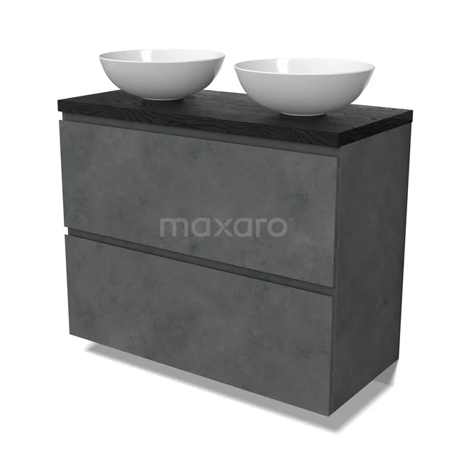 Modulo Plato Vanity units for countertop basin | 100 cm Dark grey concrete Handle-less front Black oak worktop 2 stacked drawers under each other BMK13-01074