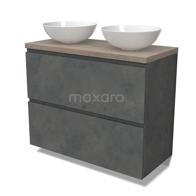 Modulo Plato Vanity units for countertop basin | 100 cm Dark grey concrete Handle-less front Oak worktop 2 stacked drawers under each other BMK13-01075