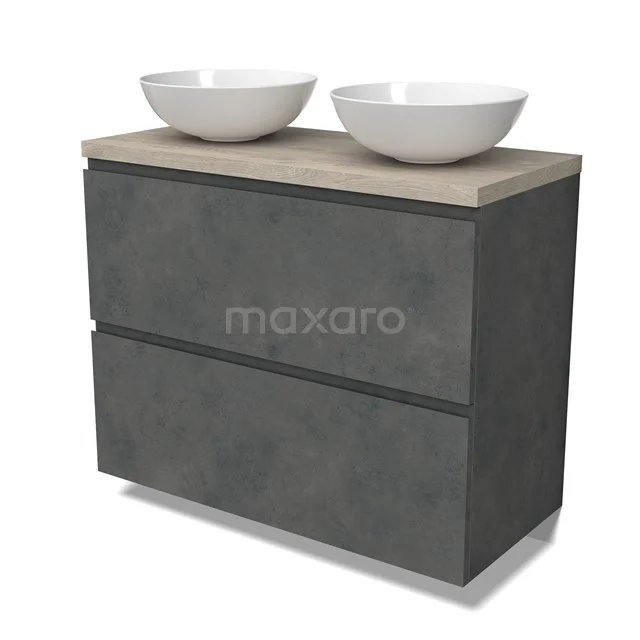 Modulo Plato Vanity units for countertop basin | 100 cm Dark grey concrete Handle-less front Light grey oak worktop 2 stacked drawers under each other BMK13-01076