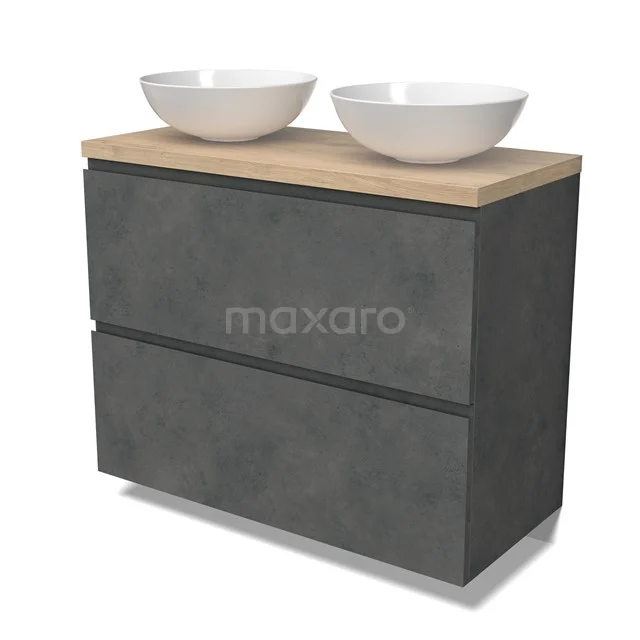 Modulo Plato Vanity units for countertop basin | 100 cm Dark grey concrete Handle-less front Light brown oak worktop 2 stacked drawers under each other BMK13-01077