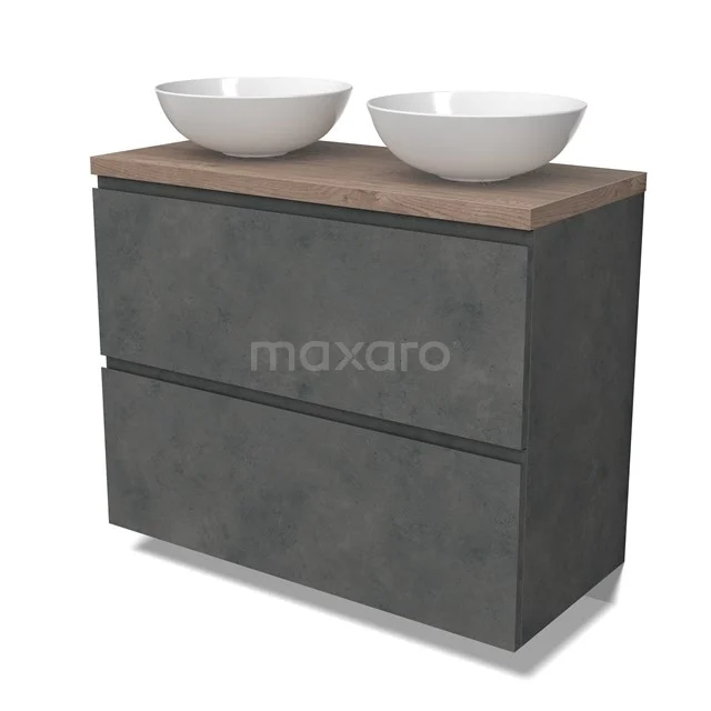 Modulo Plato Vanity units for countertop basin | 100 cm Dark grey concrete Handle-less front Mid brown oak worktop 2 stacked drawers under each other BMK13-01078