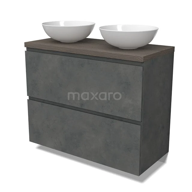 Modulo Plato Vanity units for countertop basin | 100 cm Dark grey concrete Handle-less front Dark brown oak worktop 2 stacked drawers under each other BMK13-01079