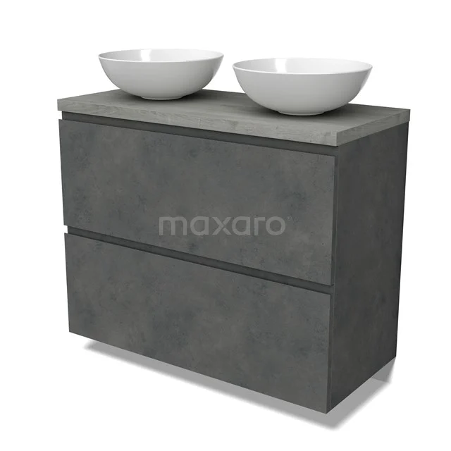 Modulo Plato Vanity units for countertop basin | 100 cm Dark grey concrete Handle-less front Grey oak worktop 2 stacked drawers under each other BMK13-01080