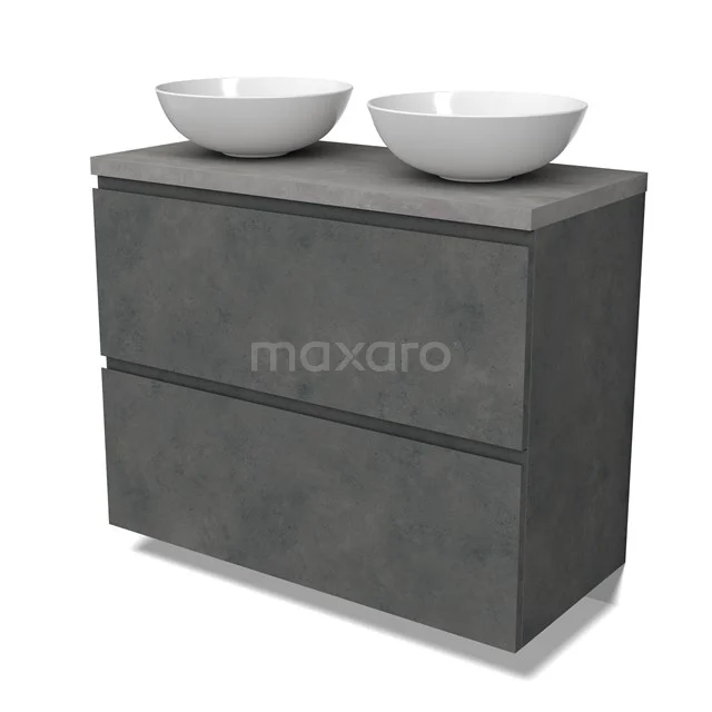 Modulo Plato Vanity units for countertop basin | 100 cm Dark grey concrete Handle-less front Light grey concrete worktop 2 stacked drawers under each other BMK13-01081