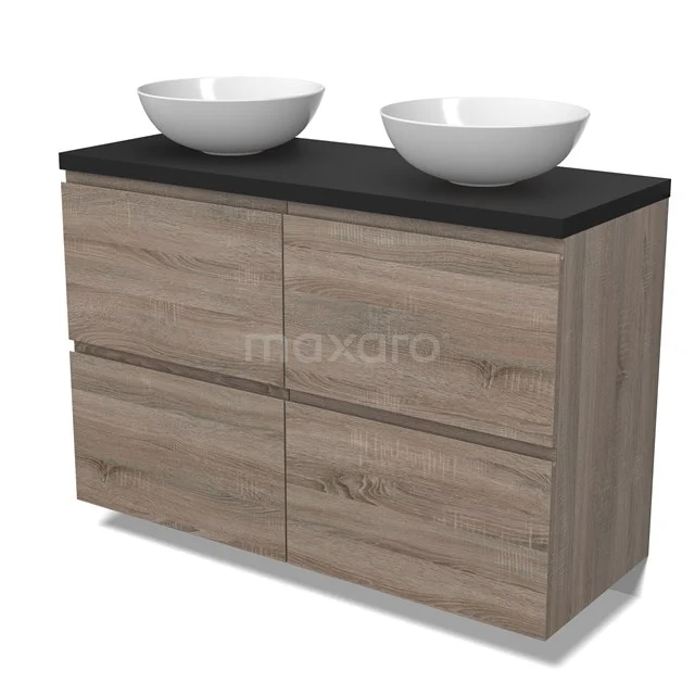 Modulo Plato Badmöbel mit Aufsatzwaschbecken | 120 cm Eiche Grifflos front Matt Schwarz blatt 4 hohe Schubladen BMK14-00736