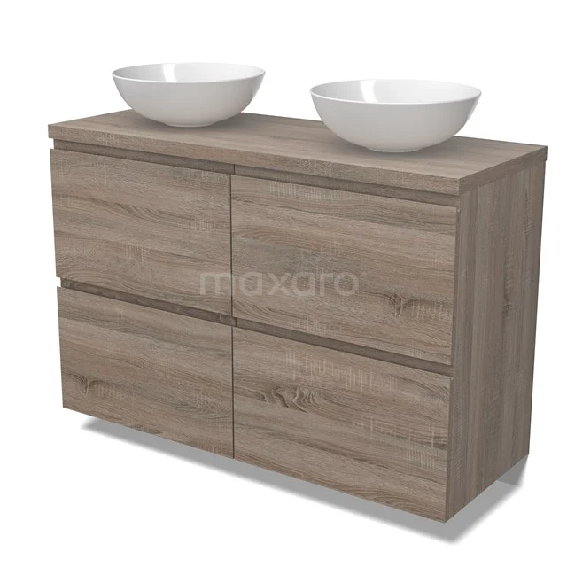 Modulo Plato Badmöbel mit Aufsatzwaschbecken | 120 cm Eiche Grifflos front Eiche blatt 4 hohe Schubladen BMK14-00745