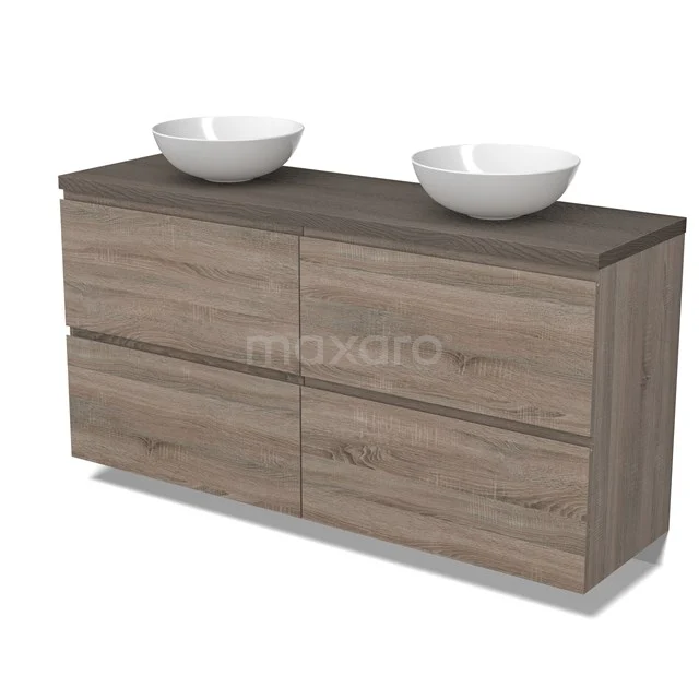 Modulo Plato Badmöbel mit Aufsatzwaschbecken | 160 cm Eiche Grifflos front Dunkelbraune Eiche blatt 4 hohe Schubladen BMK14-00766