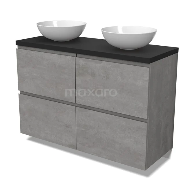 Modulo Plato Vanity units for countertop basin | 120 cm Light grey concrete Handle-less front Matte black worktop 4 high drawers BMK14-00770