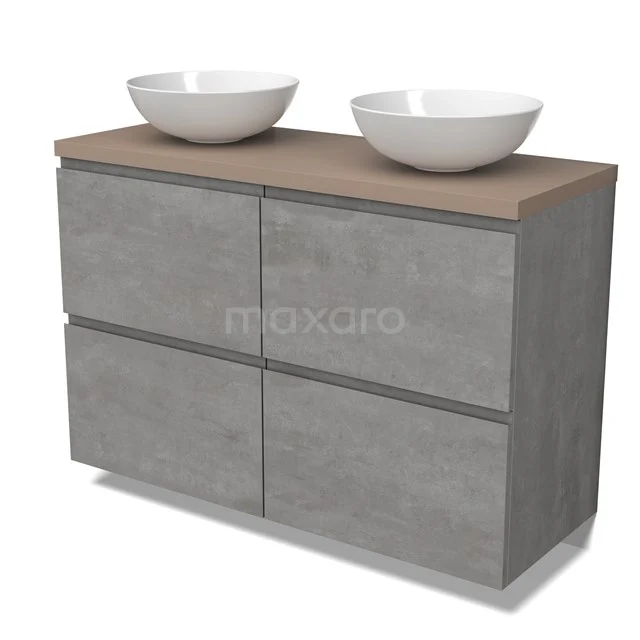 Modulo Plato Badmöbel mit Aufsatzwaschbecken | 120 cm Hellgrauer Beton Grifflos front Taupe blatt 4 hohe Schubladen BMK14-00771
