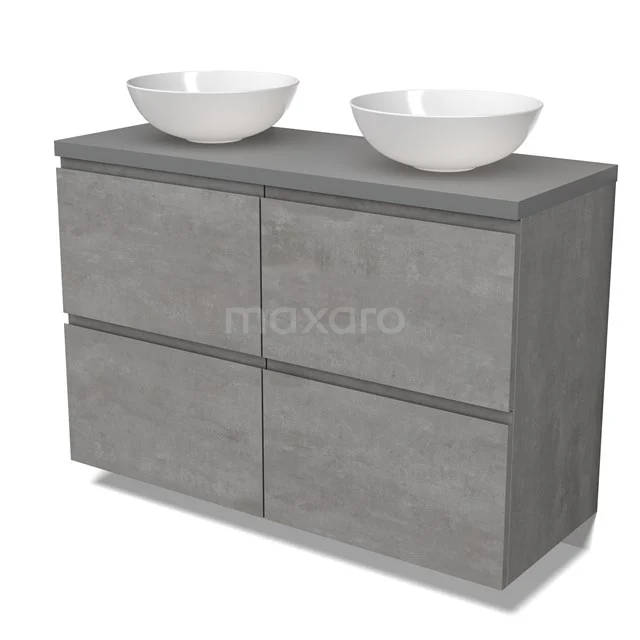 Modulo Plato Vanity units for countertop basin | 120 cm Light grey concrete Handle-less front Mid grey worktop 4 high drawers BMK14-00772