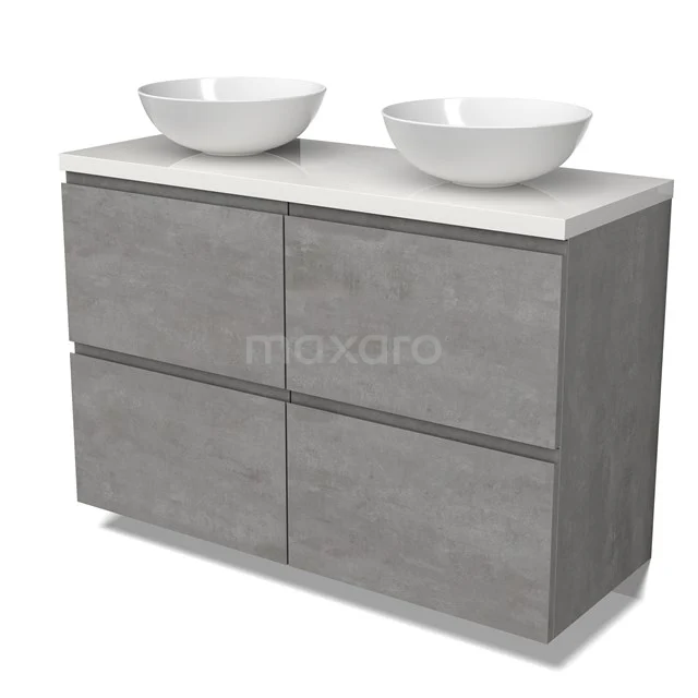 Modulo Plato Vanity units for countertop basin | 120 cm Light grey concrete Handle-less front High-gloss white worktop 4 high drawers BMK14-00773
